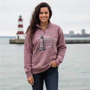 Sweatshirt Ludington North Breakwater Lighthouse 1/4 Zip Mock Neck Fleece XXL
